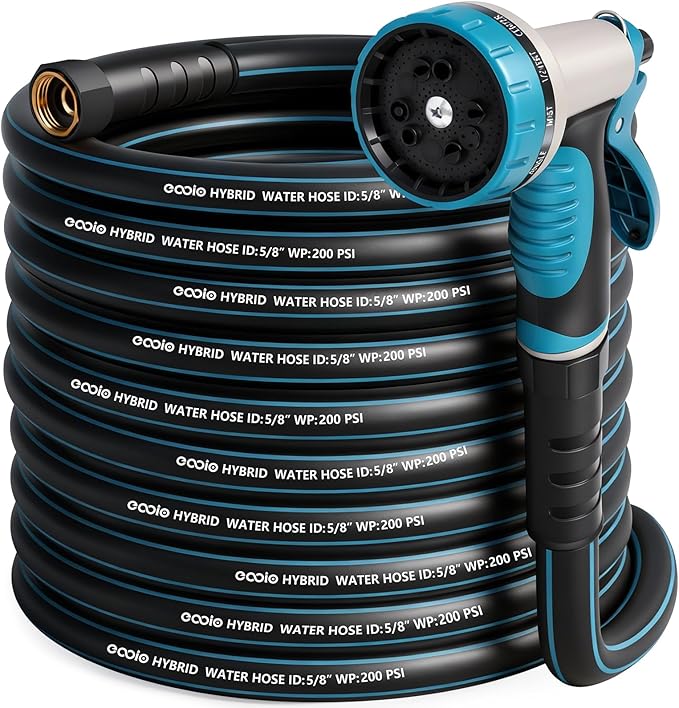 Heavy Duty Garden Hose 100 ft NON-EXPANDABLE Water Hose with 10 Function Spray Nozzle Lightweight Kink-less Hybrid Hose with Swivel Handle Male to Female Fittings