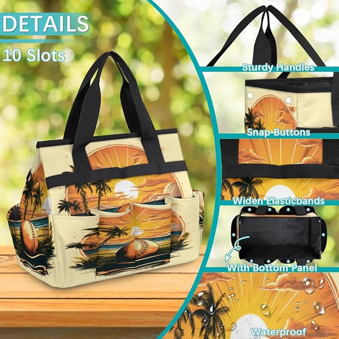 Sunset Coconut Volleyball Garden Tool Bag Waterproof Garden Tool Storage Bag Heavy Duty Oxford Gardening Tool Bag with Handle &amp 10 Pockets for Men Women Outdoor Garden Lawn Yard
