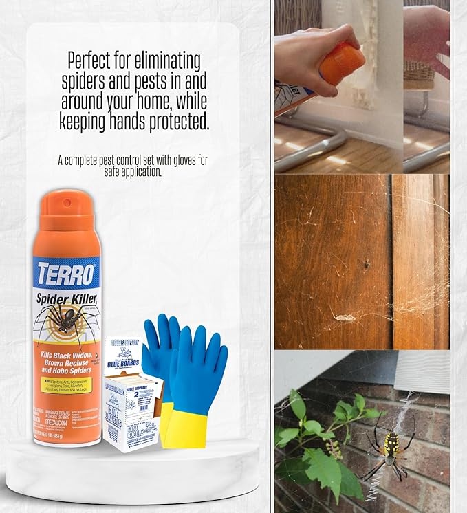 4X TERRO Spider Killer Aerosol 16 oz Bundle with Glue Board Trap and Cleaning Gloves – Ant Spray and Spider Repellent Indoor &amp Outdoor – Gift Set (6 Items)