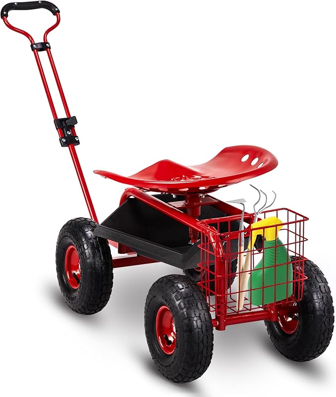 Rolling Garden Work Seat with 360-Degree Swivel Seat Adjustable Height Handle Inflatable Wheels &amp Tool Storage for Easy Outdoor Tasks