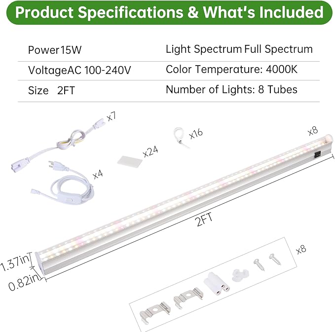 T5 Grow Lights 2FT 120W (8×15W 1000W Equivalent) Full Spectrum Grow Lights for Indoor Plants 4000K Plug and Play Easy to Install for Greenhouse &amp Plant Shelves (8 Pack)