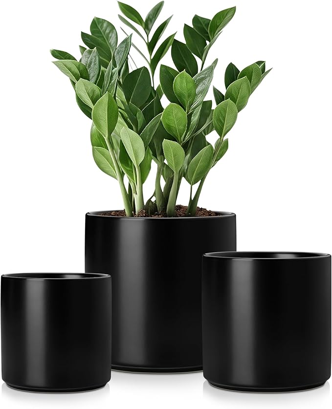 vancasso Ceramic Plant Pots 4.25+5.25+6.25 Inch Planter Pot with Drainage Hole Flower Pots for Indoor Outdoor Plants Set of 3 Black