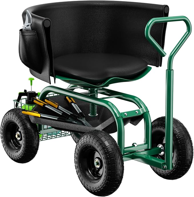 Garden Seat with Wheels Rolling Garden Stool with Adjustable 360°Swivel Seat Storage Basket &amp Extendable Handle Outdoor Gardening Scooter Garden Cart Workseat Stools for Seniors