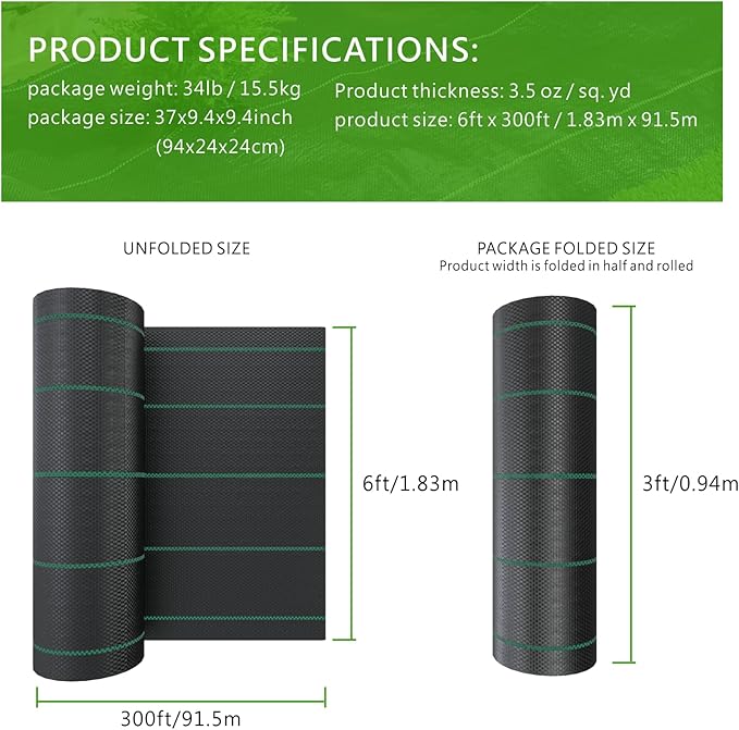 6ft x 300ft Weed Barrier Landscape Fabric 3.5oz Heavy Duty Woven Ground Cover 1800 Sq Ft Coverage Geotextile Weed Cloth for Gardening Driveway French Drain - UV Resistant