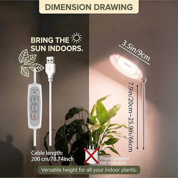 3pcs Grow Lights for Indoor Plants 20 LEDs Full Spectrum Plant Light for Indoor Plants Height Adjustable Growing Lamp with Detachable Base 3/6/9Hrs Timer 4 Brightness