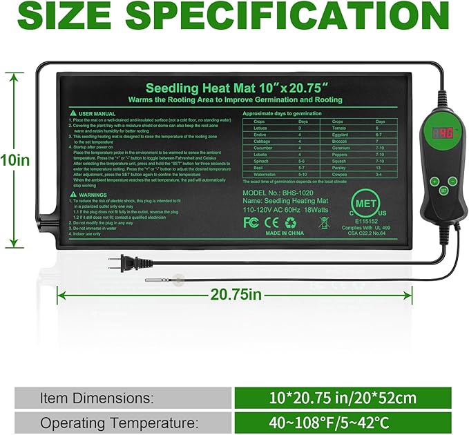 Seedling Heat Mat with Built-in Thermostat 2 Pack 10 x 20.75 Waterproof Plant Heating Pad with Temperature Controller for HydroponicGermination Indoor Gardening Greenhouse MET-Certified