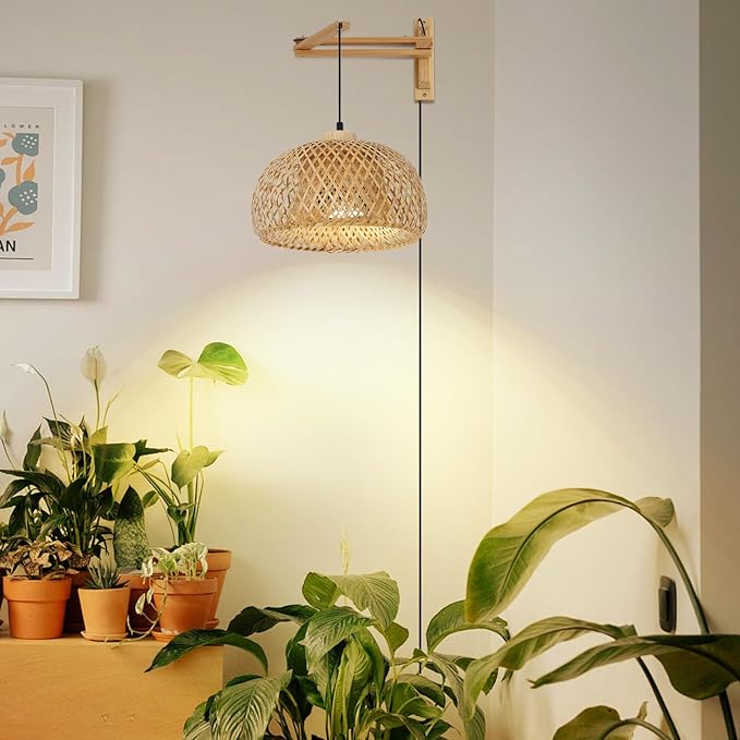 HMVPL Hanging Grow Lights for Indoor Plants Full Spectrum Boho Plant Lights for Indoor Growing with 20W COB Grow Light Bulb Bamboo Wall Mounted Grow Light with Swing Arm Timer for Large Small Plant