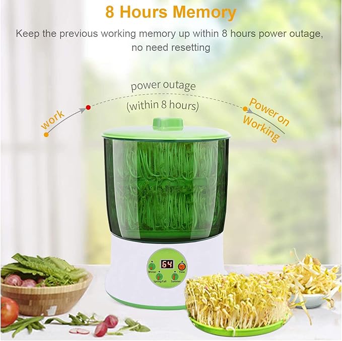 Bean Sprouts Machine Seed Sprouter Kits LED Display Time Intelligent Automatic Bean Sprouts Maker 2 Layers Function Large Capacity Seed Grow Also for Radish Alfalfa Wheatgrass Broccoli Sprouts