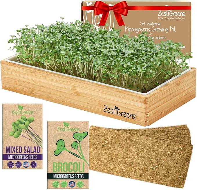 ZESTIGREENS Organic Self-Watering Microgreens Growing Kit – Reusable Indoor Grow Tray with Organic Seeds Grow Mats &amp Bamboo Frame – Easy No-Soil Microgreens Starter Kit (Broccoli &amp Salad Mix)