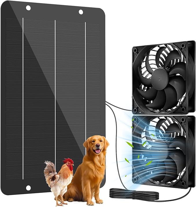 Solar Powered Fan Kit 12.6 Inch IPX7 Weatherproof 15W Solar Panel with 2 Waterproof Fans Intake or Exhaust Air Fan for Outside Backyard Chicken Coops Greenhouses Doghouse