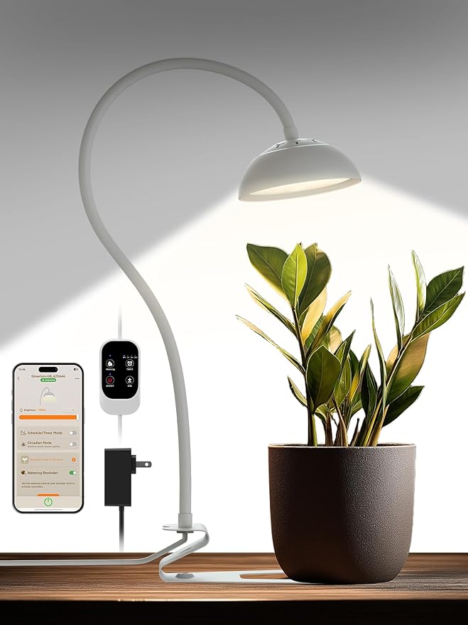GLOWRIUM Smart Grow Lights for Indoor Plants10W Full Spectrum LED Plant Light with 3/9/12 Timer10 Dimmable LevelsHeight Adjustable Grow Light with Base (White)