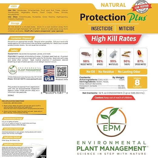 Environmental Plant Management Protection Plus Concentrate | Oil-Free Contact Insecticide for Plants | Kills Aphids Whiteflies Spider Mites &amp Other Soft-Bodied Pests | Natural | Indoor &amp Out