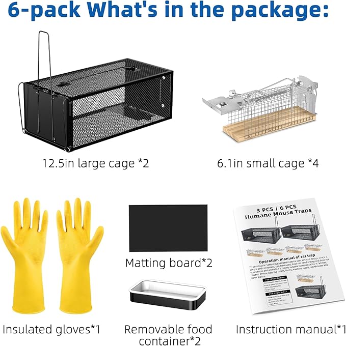 Humane Rat Traps - Large 12.5 Inches Upgraded Mouse Trap for Outdoors &amp Indoors - Reusable Rat Trap Cage for Mouse and Small Animals - Effective Quick Simple to Use (6-Pack)