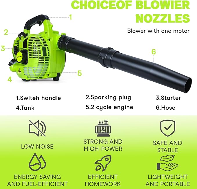 2-Stroke Handheld Leaf Blower Gas Powered Leaf Blower 26cc Gas Grass Sweeper Handheld Petrol Blower Powerful Clearing Blower for Lawn Care Snow Blowing and Yard Cleaning US Green