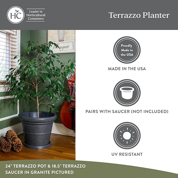 The HC Companies Terrazzo Large Round Plastic Plant Pot w/Rolled Rim - Lightweight &amp UV Resistant Gardening Pot for Herbs &amp More - Outdoor &amp Indoor Plant Pots w/Drainage (20” Black Pack