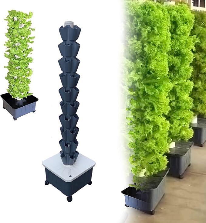 Hydroponic Tower System Hydroponic Grow Kit Earthless Growing System Aeroponics Tower with Hydration Pump Adapter Seed Bed and Net PotsGray10th Floor