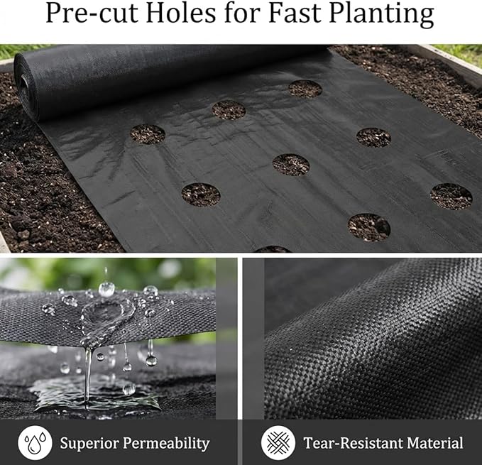 gardtree 3.28ftx50ft Three Line Planting Holes Weed Barrier Landscape Fabric 3.2oz Woven Geotextile Weed Control Cloth Mat for Onions Carrots Garlic Spinachetc..