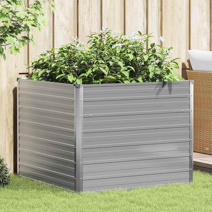 vidaXL Planter 100 x 100 x 77 cm Galvanised Steel Grey Balcony Garden Flower Box