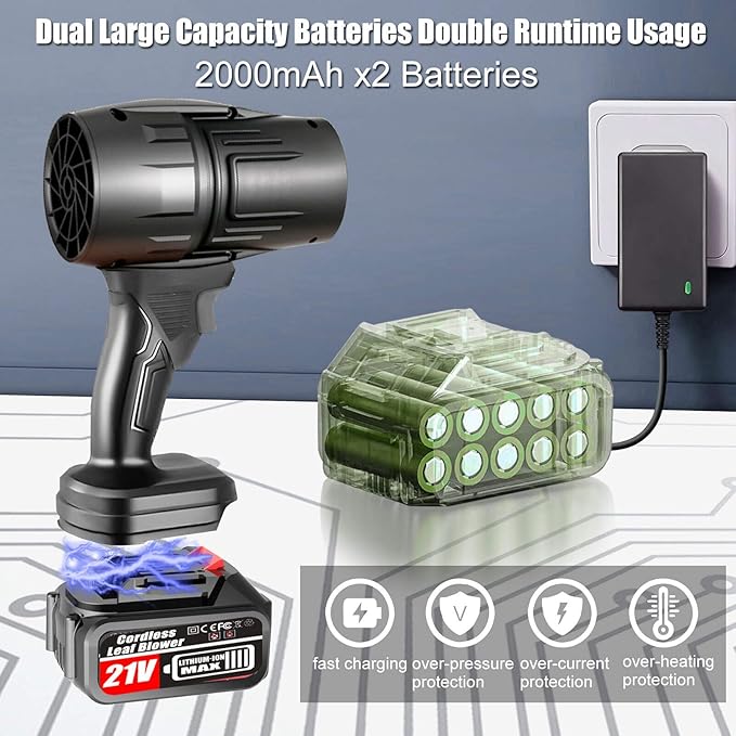 Electric Cordless Leaf Blower 550000RPM Lightweight Handheld Dust Blower with 2 Battery &amp Charger Adjustable Speed High-Speed Motor Leaf Blowers for Lawn Care Garage/Patio/Car Cleaning