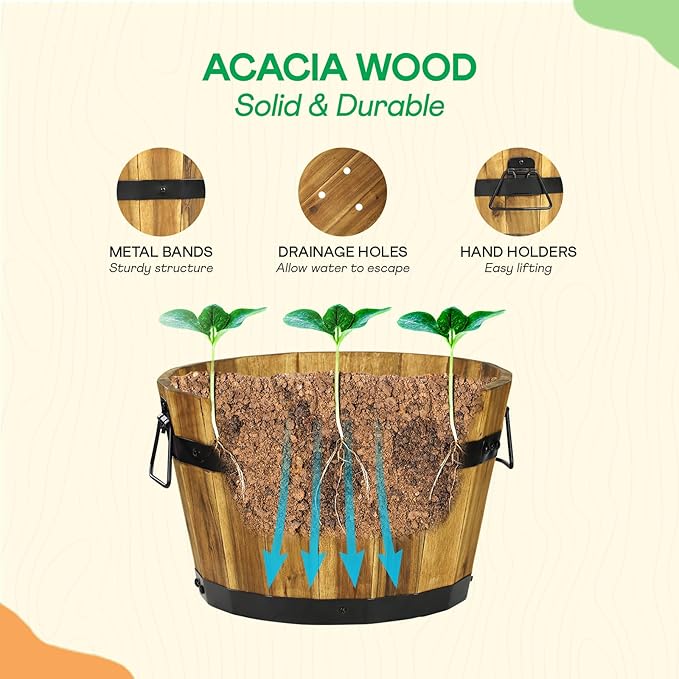 Idzo Set of 3 Wooden Flower Planters for Outdoor Plants Acacia Wood Barrel Planters Ergonomic Handles Drainage Holes Various Sizes Golden Teak