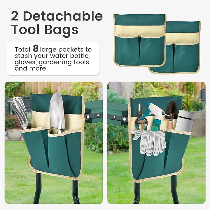 Giantex Garden Kneeler &amp Seat Folding Gardening Stool Portable Garden Bench with EVA Foam Pad Heavy-Duty Metal Frame Gardening Gift for Women Men Seniors (Holds 330 LBS) (with 2 Bags)