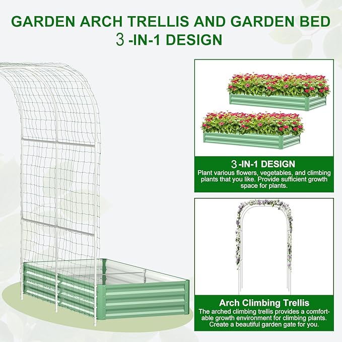 SUNYRISY Galvanized Raised Garden Bed with 87 H Arch Trellis for Climbing Plants Outdoor Large Metal Planter Box with Netting for Gardening Flowers Vegetables Fruit Green