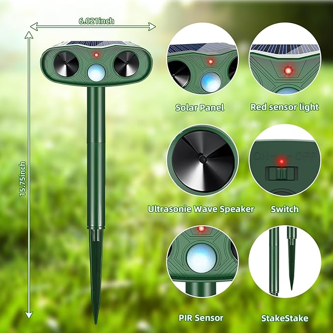 2026 4Pack Solar Ultrasonic Animal Repellent Outdoor Bear Repellent Devices Solar Cat Repeller Motion Detection Animal Repeller Outdoor to Scare Squirrel Rabbit Repellent Deterrent for Yard Farm