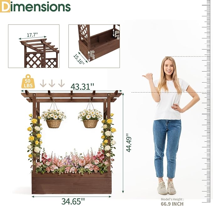 Outvita Raised Garden Bed with Trellis Wood Planter Box with Hanging Roof Side Trellis and Drainage Holes Above Ground Elevated Garden Bed for Outdoor Climbing Plants Vegetables(Carbonized Color)