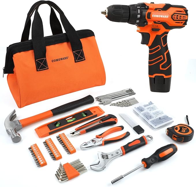 COMOWARE 12V Cordless Drill Set 169Pcs Hand Tool Set with Cordless Drill Driver Complete Repair Tool Kit for Men Storage Bag Ideal for Office Garden Dorm and DIY Project