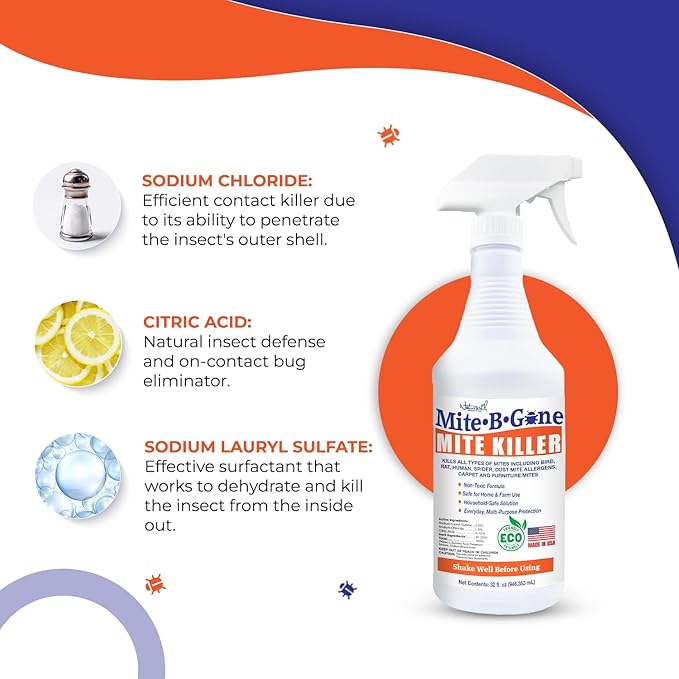 Mite Killer Spray by Mite-B-Gone - 32oz | Plant-Based Treatment for Human Dust Chicken Bird Carpet &amp Rat Mites in Homes Furniture &amp Bedding | Farm Family &amp Pet Safe