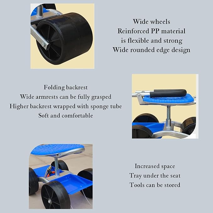 Outdoor Gardening Scooter with 1/2 Tool Storage TrayGarden Stool with Wheels and Adjustable 360-Degree Swivel Seatfor Planting(3-Wheeled)