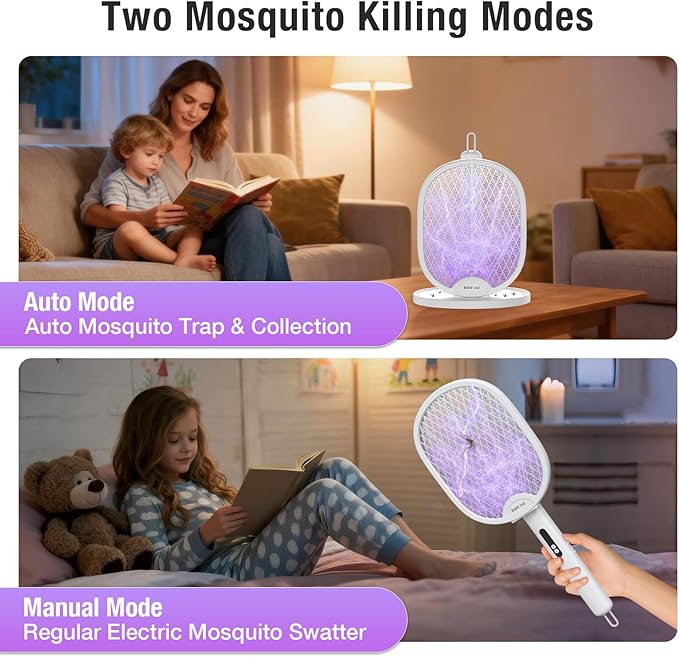 BALDR Electric Fly Swatter Racket Foldable 2 in 1 Bug Zapper 3000V Powerful Mosquito Killer with Purple Attractant Trap Lamp 1200mAh Type-C Rechargeable for Indoor Home Office Patio Camping 2 Pack