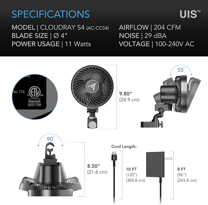 AC Infinity CLOUDRAY S4 Ultra-Compact Grow Tent Clip Fan 4” Precision 10 Dynamic Wind Speeds 10-Level Oscillation Weatherproof IP-54 Specialized High-Velocity Circulation for Small Grow Spaces