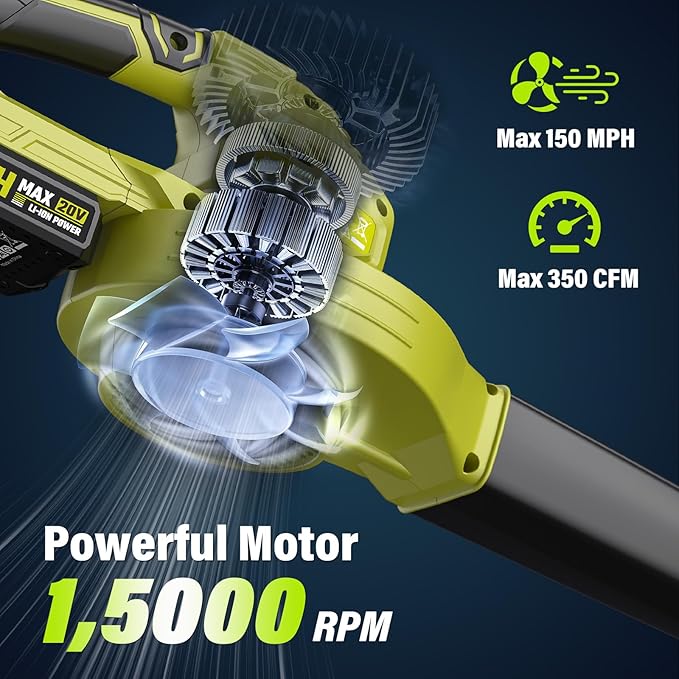 SEYVUM Leaf Blower 20V Cordless Blower with 2 x 2.0Ah Battery Electric Leaf Blowers for Lawn Care 350 CFM 150 MPH Battery Powered Leaf Blower for Patio Garden Cleaning Fast Charger Lemon Green