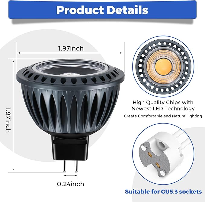 Gardencoin MR16 LED Light Blub 5W 4000K Netural White 450 Lumens Dimmable Aluminum Housing Low Voltage 12V InputGU5.3 bi-pin Light Bulbs for Landscape &ampAccent Lighting Indoor/Outdoor Use6-Pa