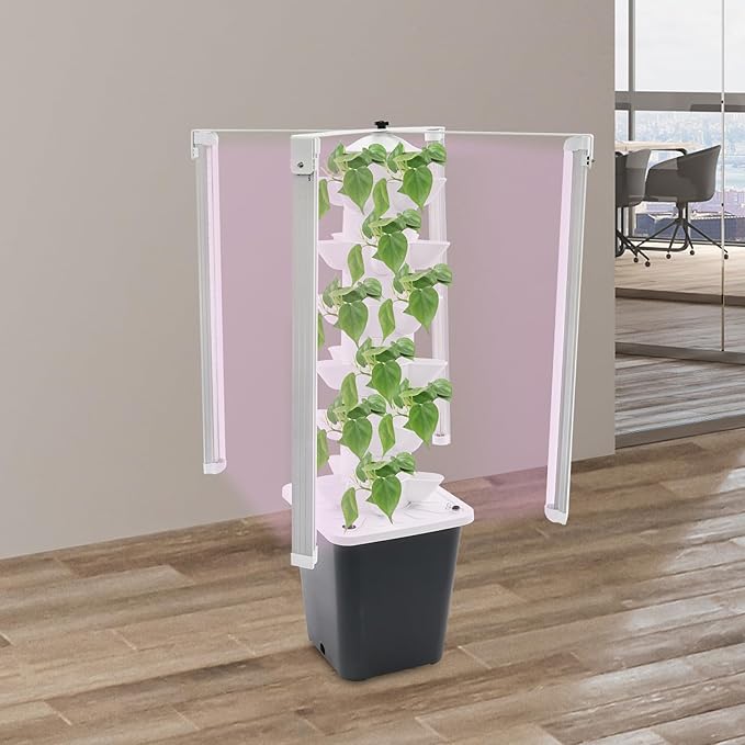 Hydroponic Tower Garden 30-Pod Indoor Gardening System w/ 4 Full-Spectrum LED Grow Lights 10L Auto Irrigation Water Tank Vertical Planter for Herbs Lettuce &amp Strawberries (Black)