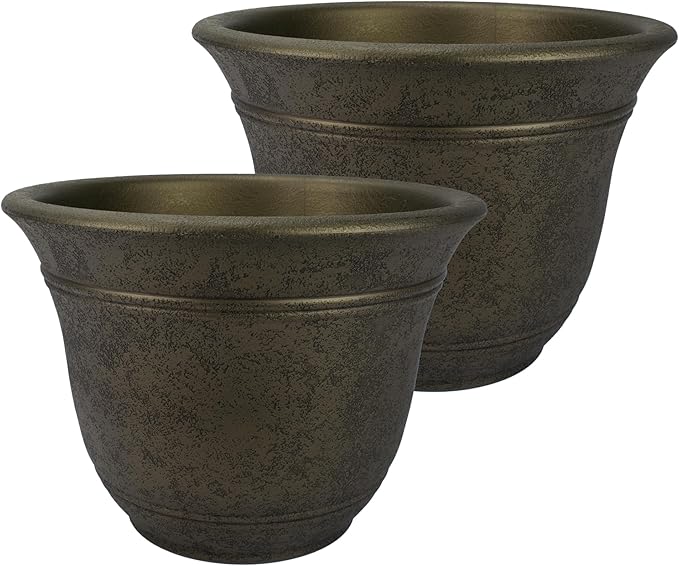 The HC Companies Sierra Round Self-Watering Pot - Lightweight Plastic Planter for Herbs &amp More - Durable Plant Pots for Indoor Plants &amp Outdoor Plants (10” Celtic Bronze Pack of 2)