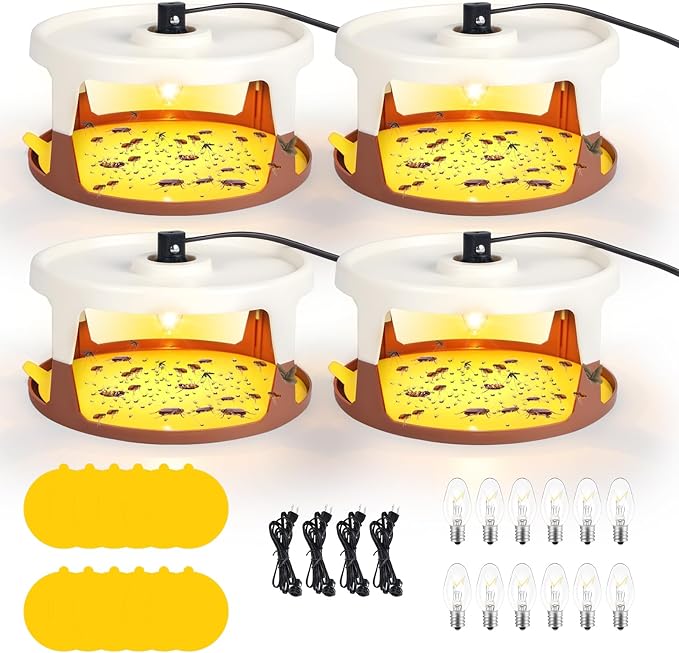 4 Pack Flea Traps for Inside Your Home Flea Light Trap for Indoor Flying Insect Control Trapper with 12 Bulbs 12 Sticky Pads Refills Bed Bug Trap for House Indoor