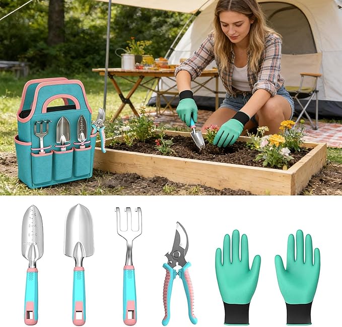 Gardening Tool Kit - Rake Gloves Pruner with Trowel | Garden Hand Tool Set with Tote | for Indoor Outdoor Lawn Backyard Patio Balcony Greenhouse