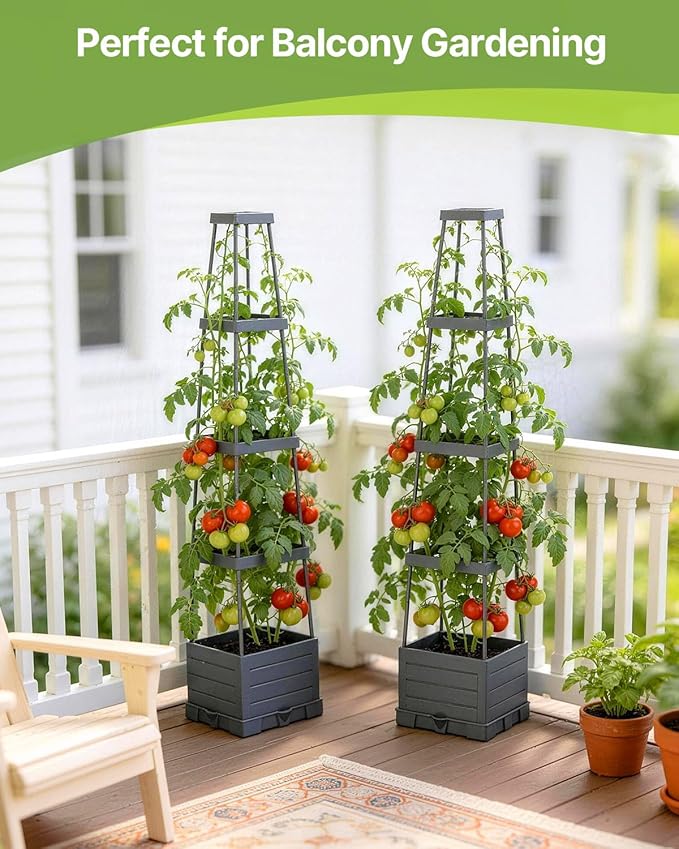 Suteck Raised Garden Bed Planter Box with Trellis 2-Pack Self-Watering Tomato Planter with Adjustable Height Steel Support Frame for Climbing Plants Tomato Cages for Patio Balcony &amp Outdoor