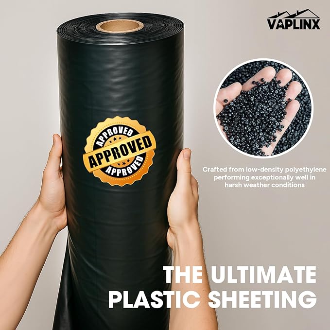 10 Mil Black Plastic Sheeting 5x100 FT – Heavy Duty Polyethylene Plastic Rolls for Garden Black Plastic Rolls for Crawl Space Vapor Barrier Construction Landscaping Weed and Moisture Control