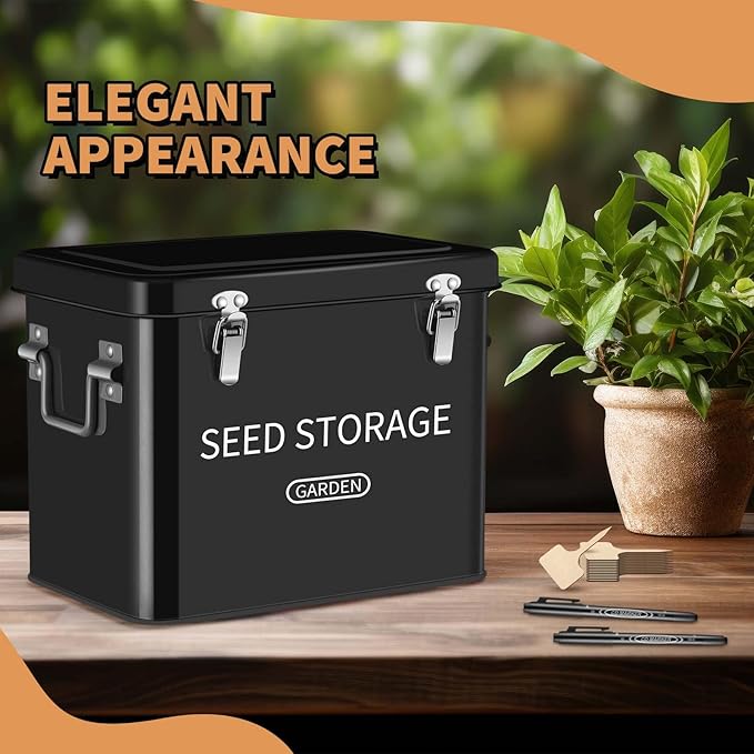 Blulu 85 Pcs Seed Storage Organizer 3 Compartment 30 Slot Metal Seed Saving Box with Lid and Lock with 1 Marker Pen 20 Plant Labels 30 Envelopes 30 Bottles Stickers for Garden Flower Plant(Black)