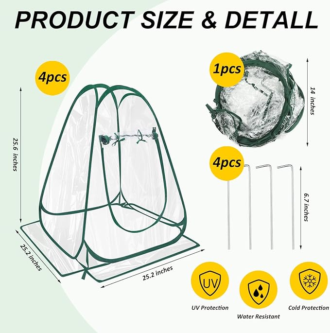 Suzile 4 Pcs Pop up Small Greenhouse for Winter Mini Greenhouse PVC Clear Easy to Install Portable Flowerpot Cover Plant Grow Tent with Nails for Indoor Outdoor Gardening 25.2 x 25.2 x 25.6 Inches