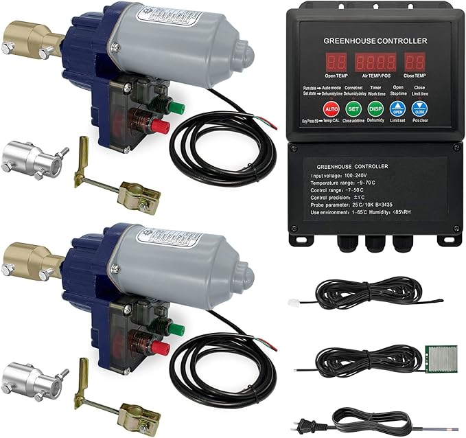 UYGALAXY Top Roll Up Motor kit 2 Pack Electric Greenhouse Film Roll Up Motors + Electric Intelligent Thermostat Controller (AC110V to DC24V) for Greenhouses Ventilation Automatic Venting System