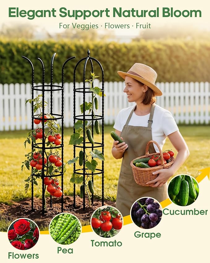 Joyhalo 2 Pack Trellis for Climbing Plants Outdoor 74 Inch High Adjustable Garden Trellis for Flowers Black Plastic Coated Steel Plant Stakes Use As Tomato Cage