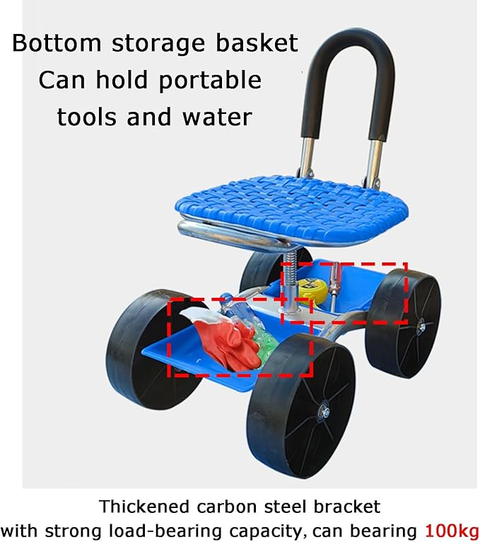 Gardening Cart Stool with Storage BasketFolding Seats 360° RotationEasy to Assemblefor Home Outdoor Lawn Yard4 Wheels