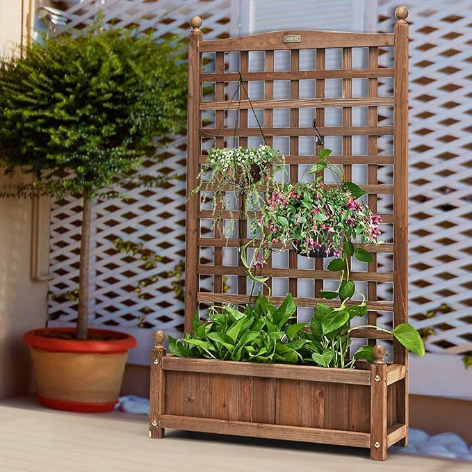 GRAFFY Wood Planter Raised Bed with Trellis Outdoor Raised Garden Bed Planter Box for Climbing Plants w/Drainage Holes Free-Standing Raised Planter for Patio Garden Yard
