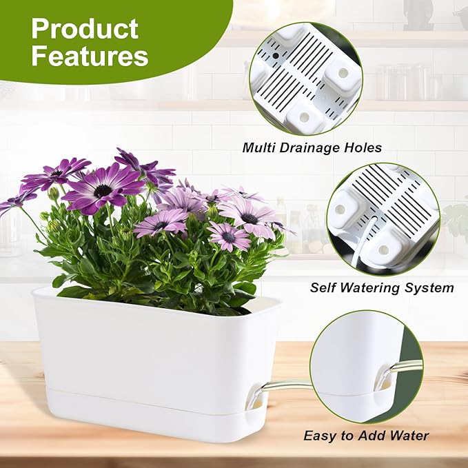 Self Watering Planters: 4 Packs Rectangular Plant Pots with with Drainage and Tray 10 Inch Window Pot Self Watering Planter for Herb Houseplants
