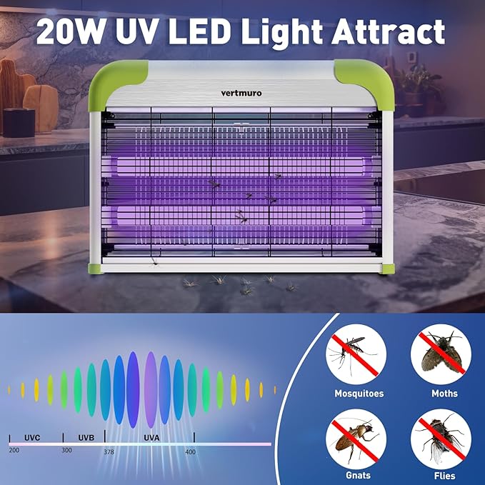 20W Electric Bug Zapper Indoor Fly Insect Killer with 3000V Grid UV Light Mosquito Gnat Zapper w 2 Replacement Bulbs for Home Kitchen Restaurant Garage