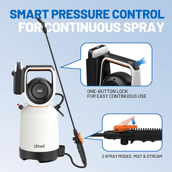 Litheli 20V Cordless Garden Sprayer 1.3 Gallon/4.75L Pump Sprayer Intelligent Pump Pressure Control 2 Spray Modes for Spraying Plants Garden Watering with 2.0Ah Battery Included